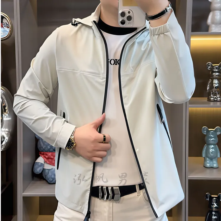 连帽夏季长袖直下摆本布下摆夹克时尚薄款立领男装夏款透气潮流