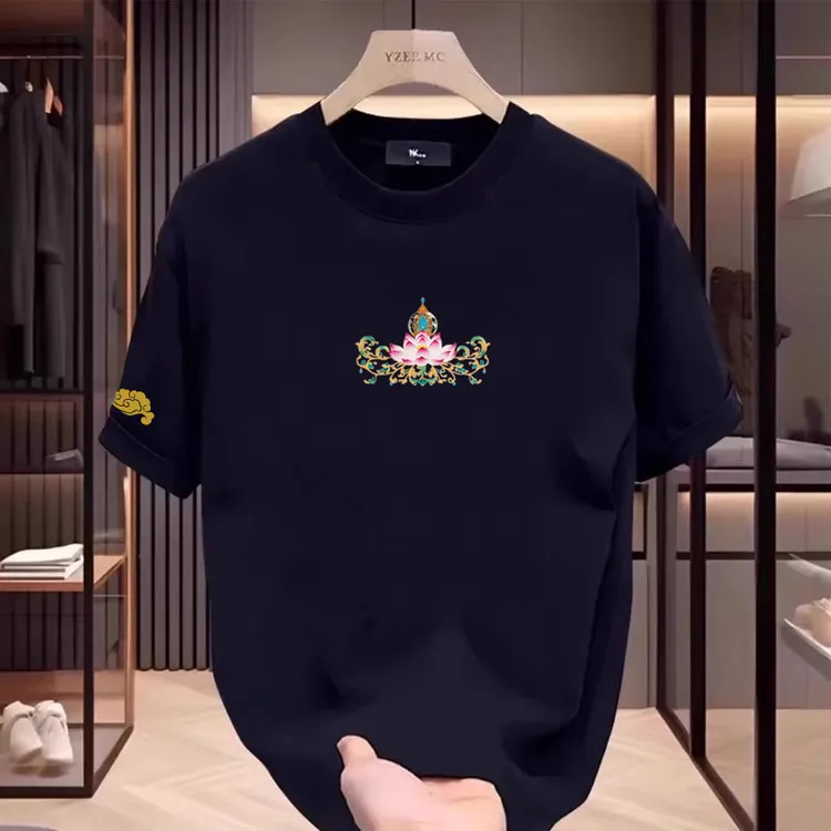 2025夏季新款国潮时尚男痞帅圆领短袖t恤莲花印花ins半袖纯棉潮流