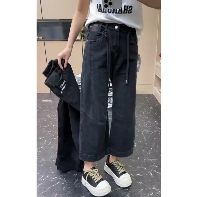 艾塔莉高腰牛仔裤子女宽松阔腿裤早春新款水洗韩版时尚直筒裤百搭