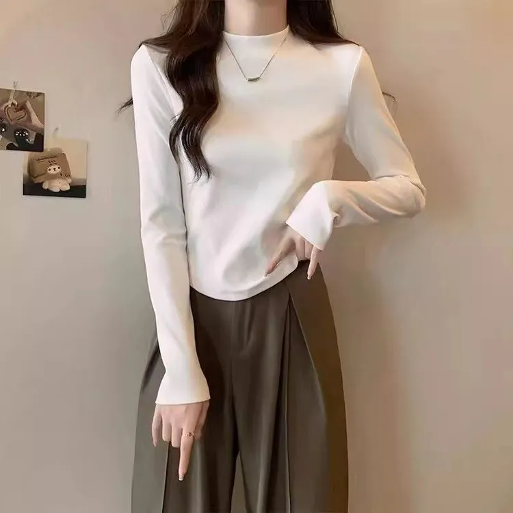 纯色半高圆领女士秋冬洋气T恤长袖白色秋衣弹力拉架棉舒适上衣女