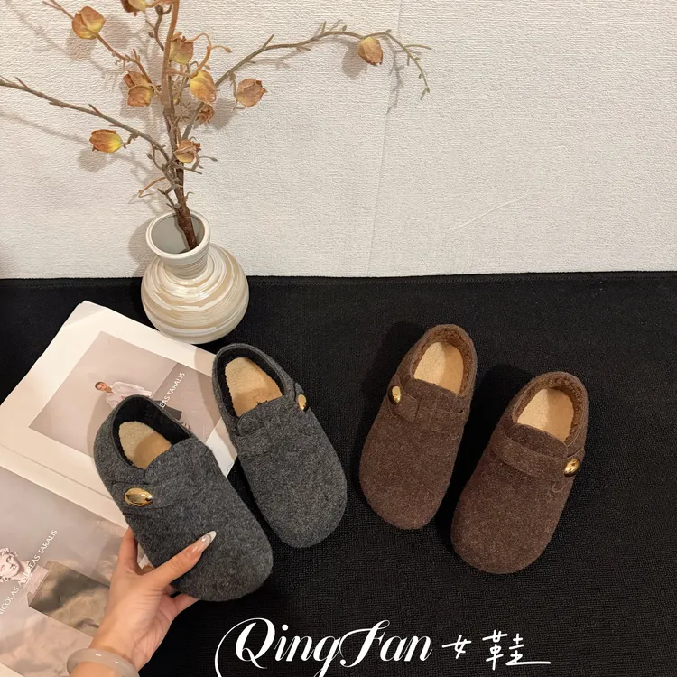 厚底增高毛呢加绒勃肯鞋女2025秋冬新款懒人一脚蹬保暖小金豆棉鞋