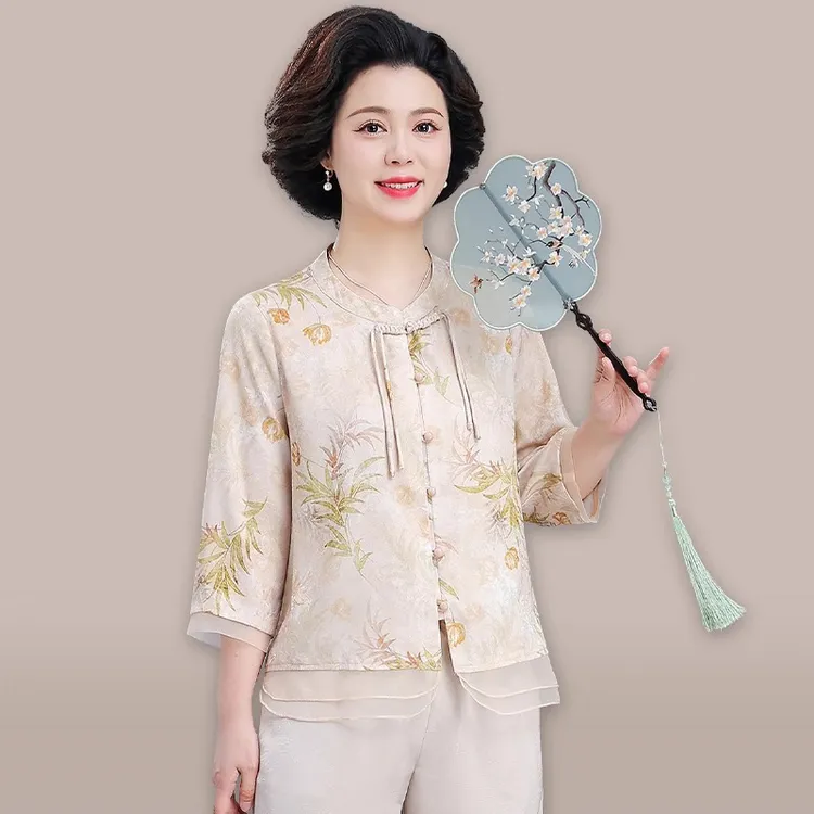 品牌妈妈夏装套装中年女士雪纺衬衫新中式贵夫人夏季七分袖上衣服
