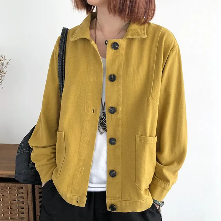 春秋女装时尚新款宽松polo领纯棉开衫休闲百搭复古减龄短外套上衣