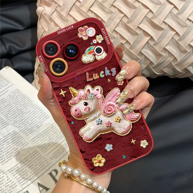 油画彩虹马适用苹果17promax手机壳挂绳款iPhone16pro时尚硅胶15