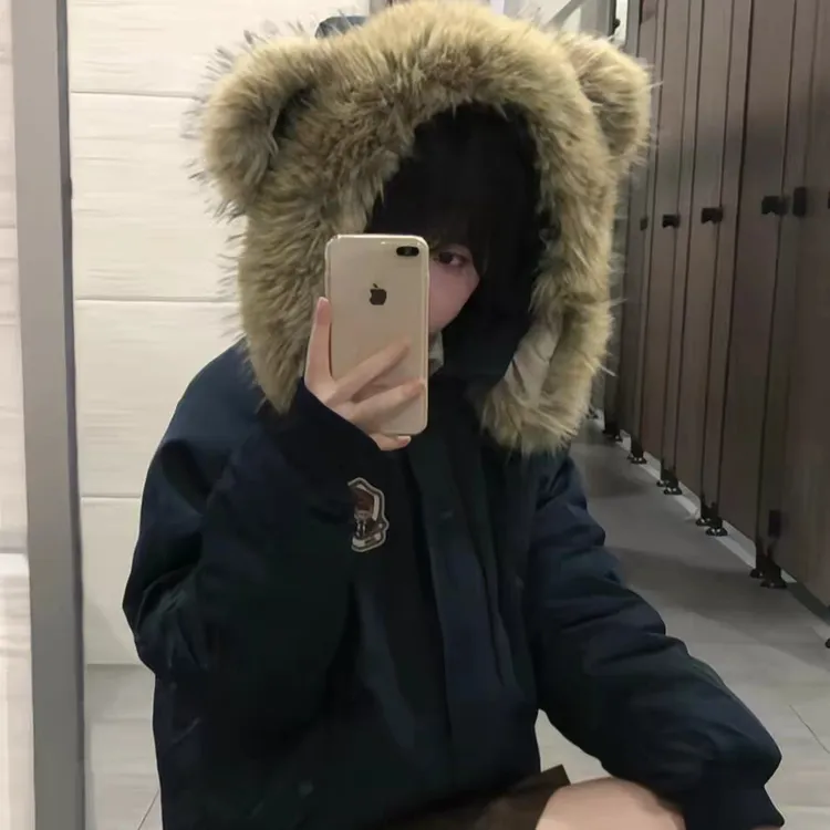 小个子小熊毛领连帽加厚保暖女短款冬季棉服外套
