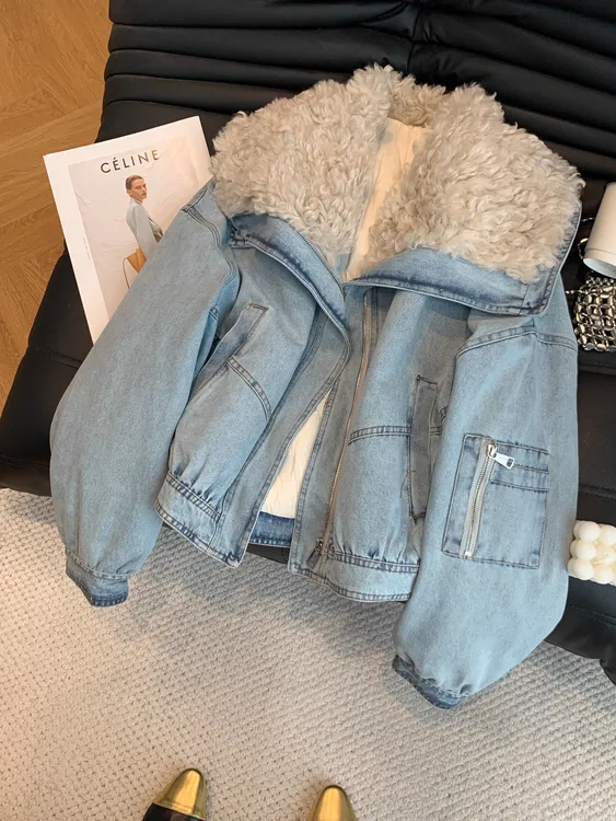 高端正版欧货高级感派克服女短款百搭时尚气质毛领牛仔棉服外套女