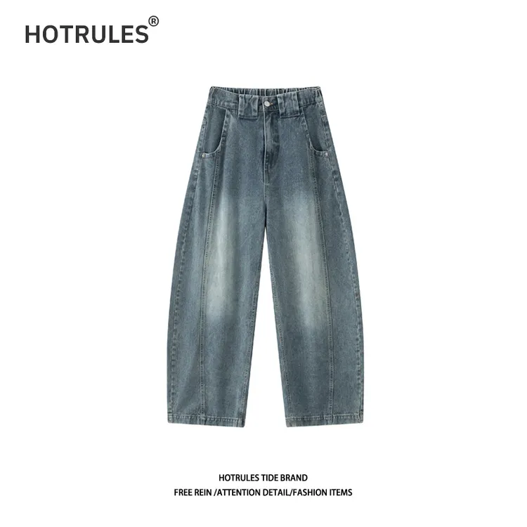 HOTRULES美式复古做旧明线秋季弯刀裤宽松阔型水洗牛仔裤男女同款