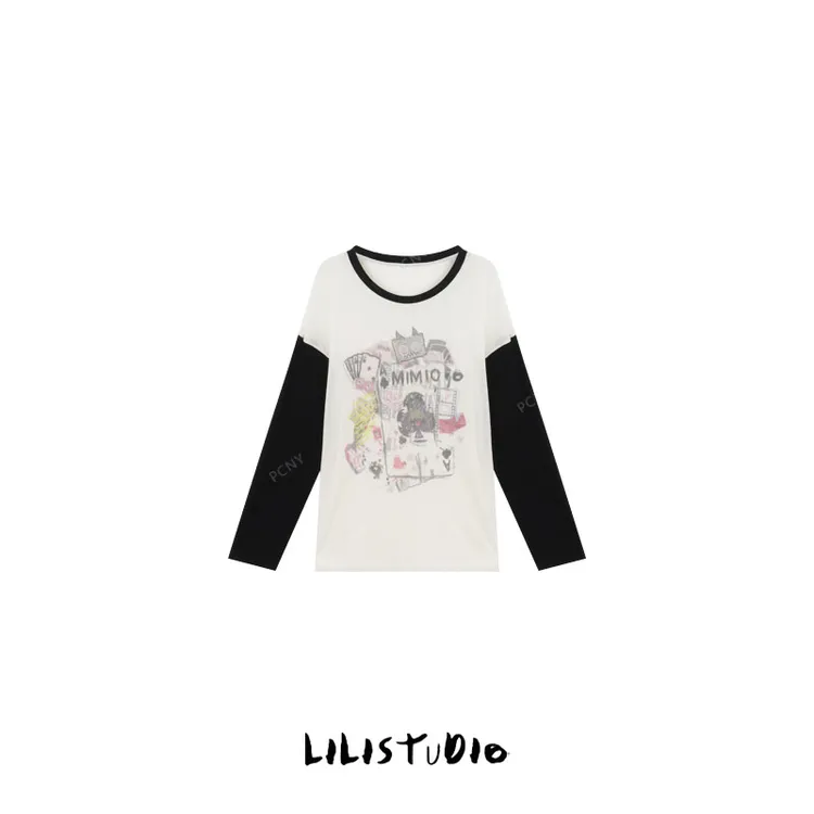 PCNY「炫酷扑克」不理理夏季新款小众女装卡通印花黑白撞色长袖T恤