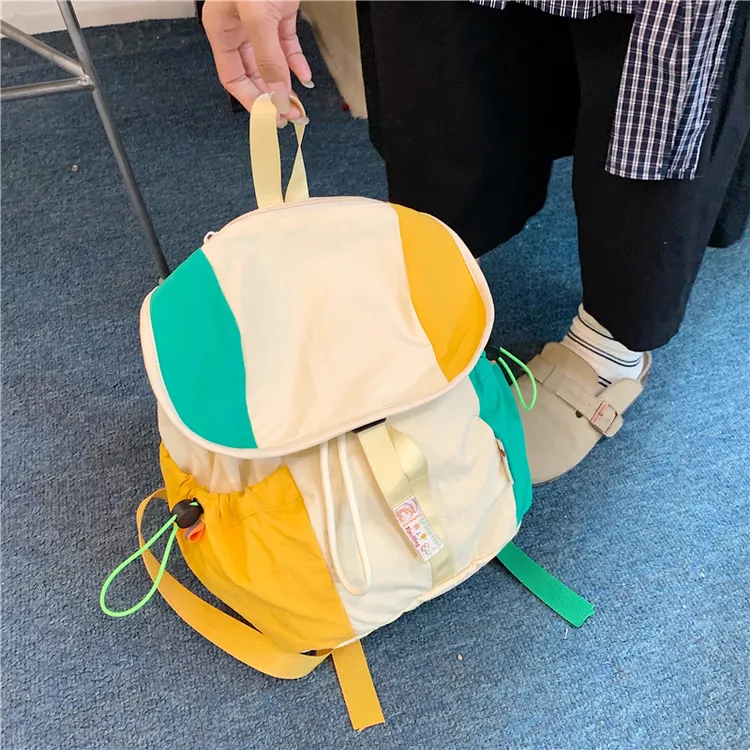 撞色嘻哈风登山包流行可爱风双肩包休闲帆布女美式小学生双肩包