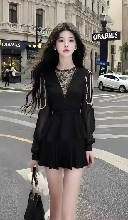 新款时尚休闲风黑色圆领长袖高腰设计感连衣裙女气质显瘦小众短裙