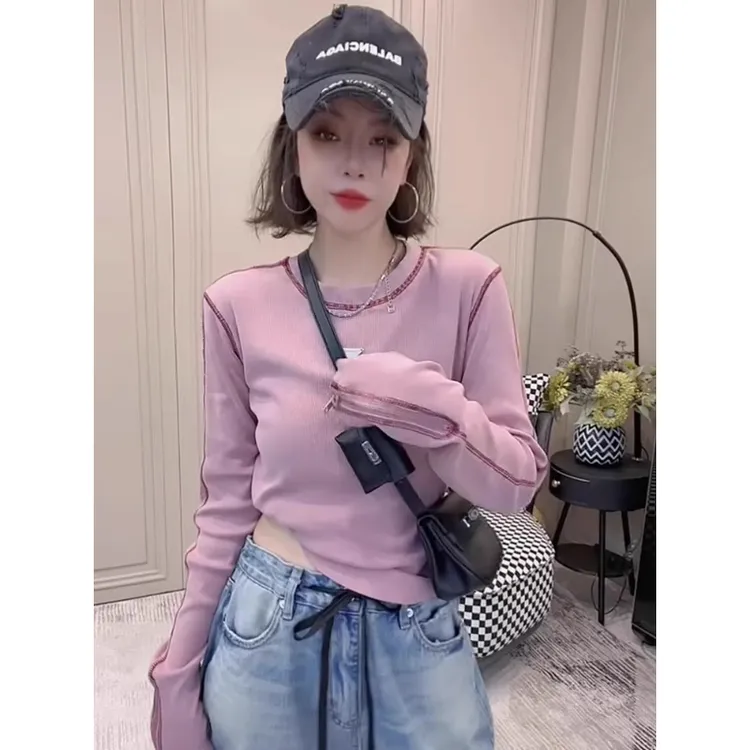 韩系时尚设计感小众袖口拉链长袖T恤女2025秋季新款休闲显瘦上衣