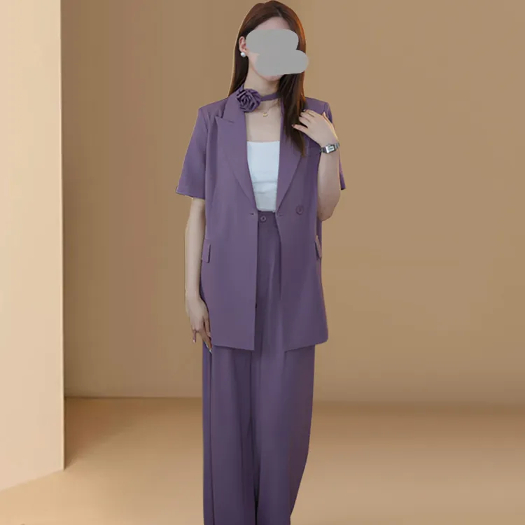 高级感时尚西装套装女2025夏季新款气质风阔腿裤短袖外套上衣套装