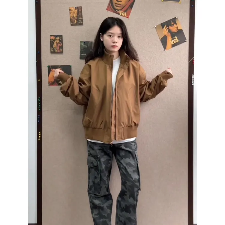 vintage复古棕色外套男女秋季巴恩风短款棒球服美式痞帅飞行夹克