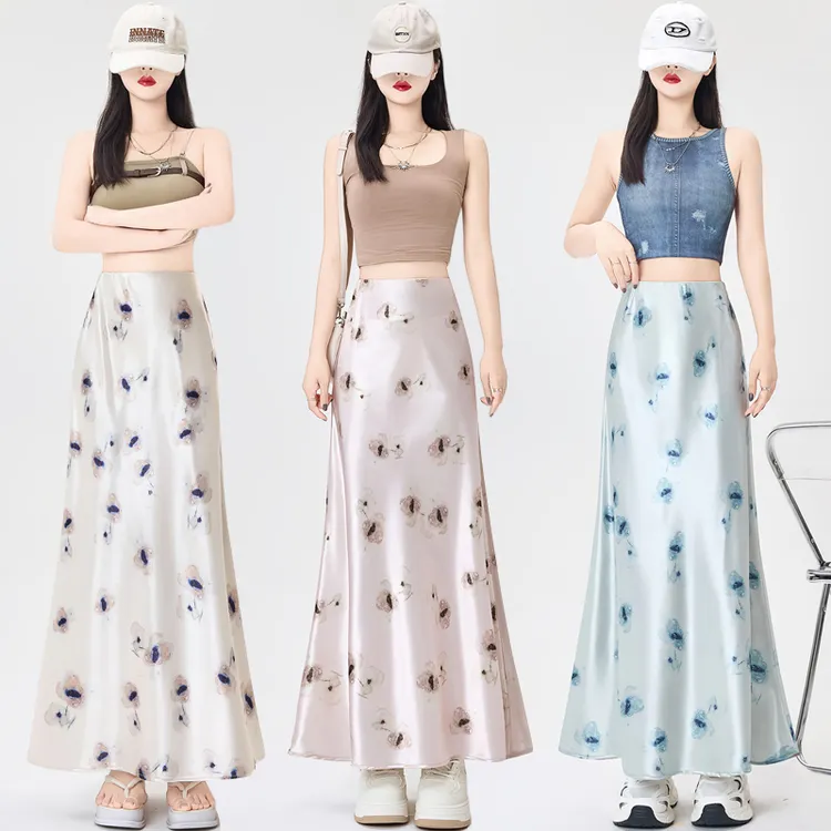 高级感缎面醋酸半身裙女夏季2025新款印花鱼尾裙时尚显瘦气质长裙