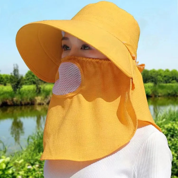 钓鱼帽女士春夏季遮脸采茶帽口罩帽可卷防晒帽采茶帽便携纯色新款