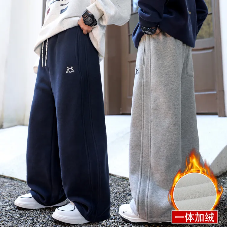 男童裤子加绒运动裤冬季新款一体绒加厚中大童宽松直筒裤百搭长裤