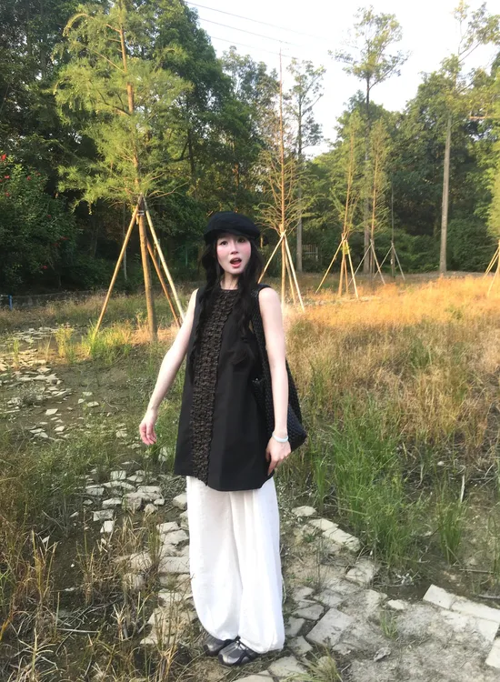 早秋时尚新款气质宽松慵懒风无袖背心上衣高腰直筒阔腿长裤女套装