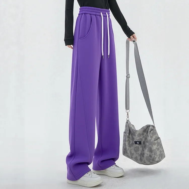 紫色休闲运动弯刀卫裤女秋季高个子加长高腰显瘦直筒拖地裤香蕉裤