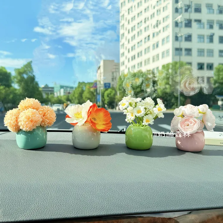迷你仿真花陶瓷小花瓶车载中控台内饰假花桌面小摆件洗手台餐桌