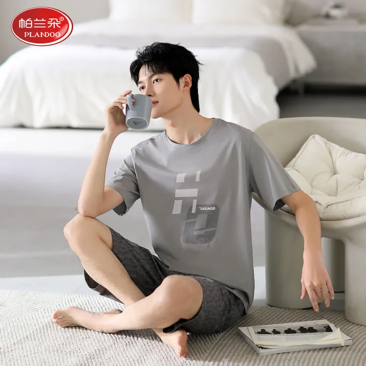 帕兰朵男士睡衣夏季纯棉薄款短袖新款青少年大码简约风家居服套装