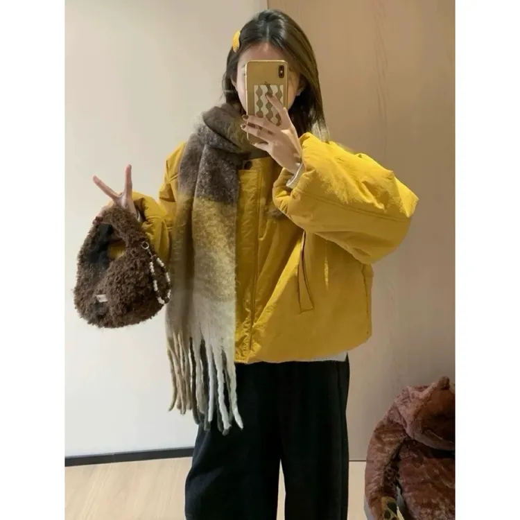 C12581-韩系少女秋冬暖暖南瓜花苞袖短款棉服外套