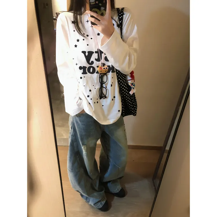 新款美式复古宽松长袖t恤女秋季新款设计感小众慵懒风打底衫上衣