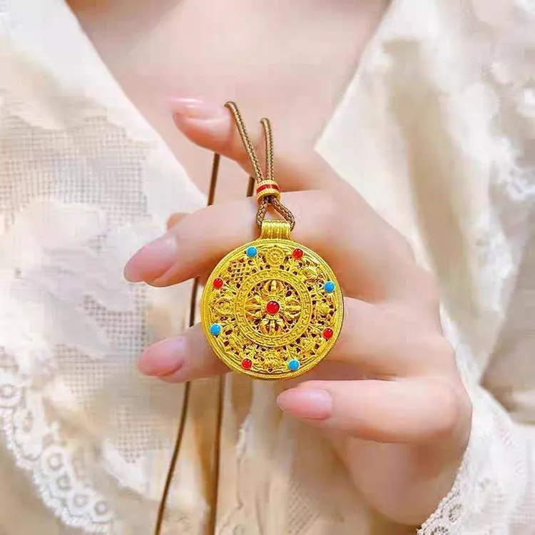 合金吊坠 黄金色花丝镂空八宝罗盘吊坠金红蓝花丝-送如意绳