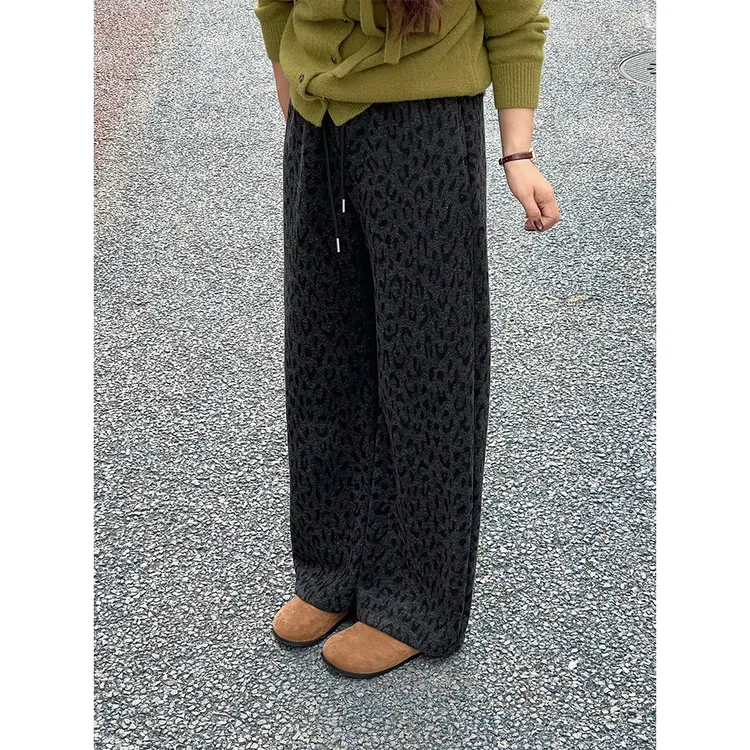 WenWen小个子2025秋冬新款加绒加厚豹纹松紧腰窄版直筒裤子4519