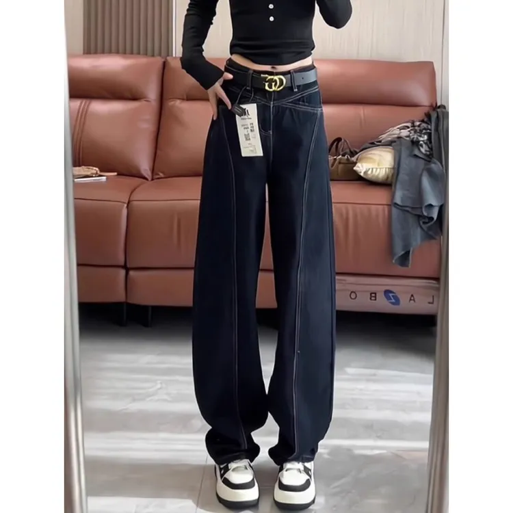 2025年春秋新款宽松爆款深蓝牛仔裤女直筒时尚高腰显瘦百搭弯刀裤