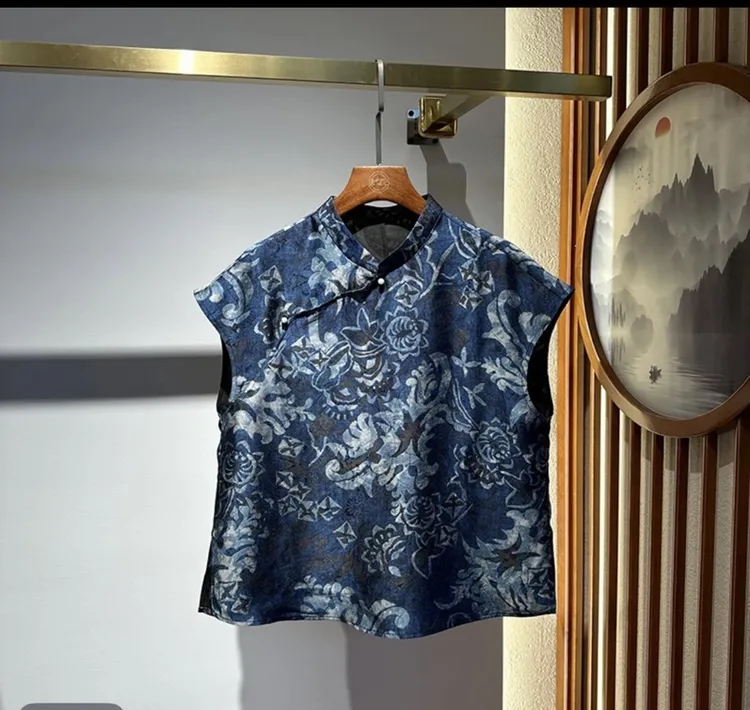 桑蚕丝香云纱新中式青花瓷小上衣Ms3