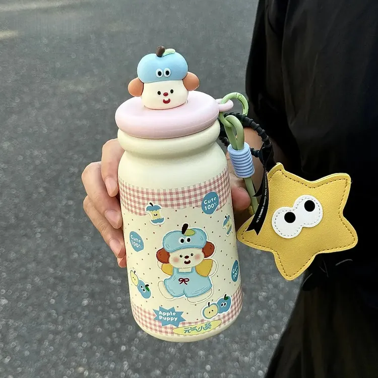 苹果小狗保温杯大容量2025新款学生可爱水杯带吸管杯子手提便携