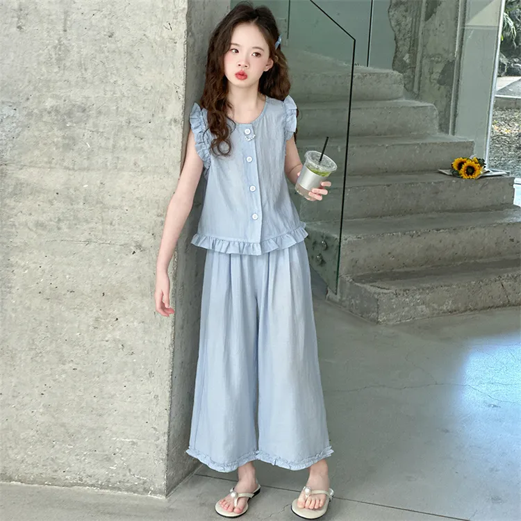 女童2025洋气飞袖背心套装夏季新款荷叶边娃娃衫阔腿裤两件套薄款