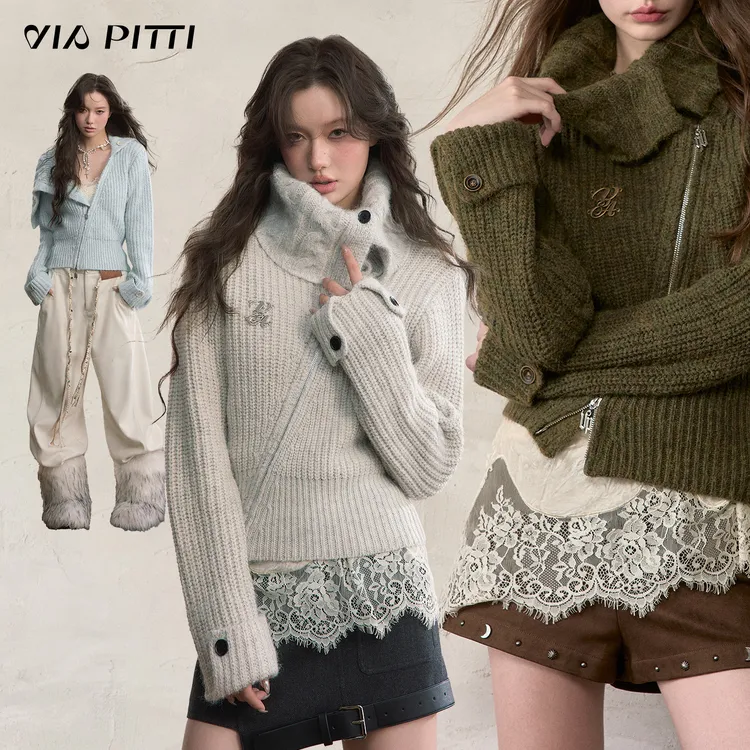 ViaPitti【官方专属】重磅斜拉链大翻领高领毛衣外套VIADK607