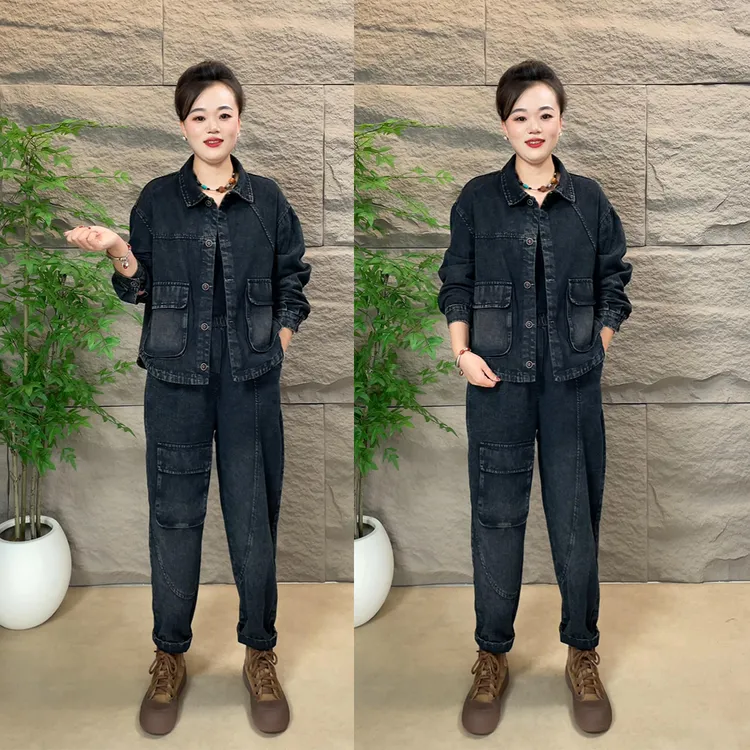 2025秋季新款时尚复古纯色牛仔套装妈妈装休闲减龄显瘦两件套