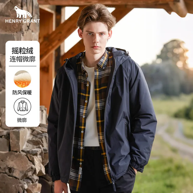 亨利格兰发热摇粒绒连帽微廓棉服双重御寒蓄温锁温棉感小牛津男装