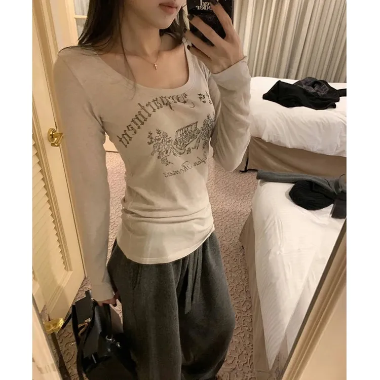 复古Rose时髦天菜 印花长袖上衣T恤女秋冬内搭