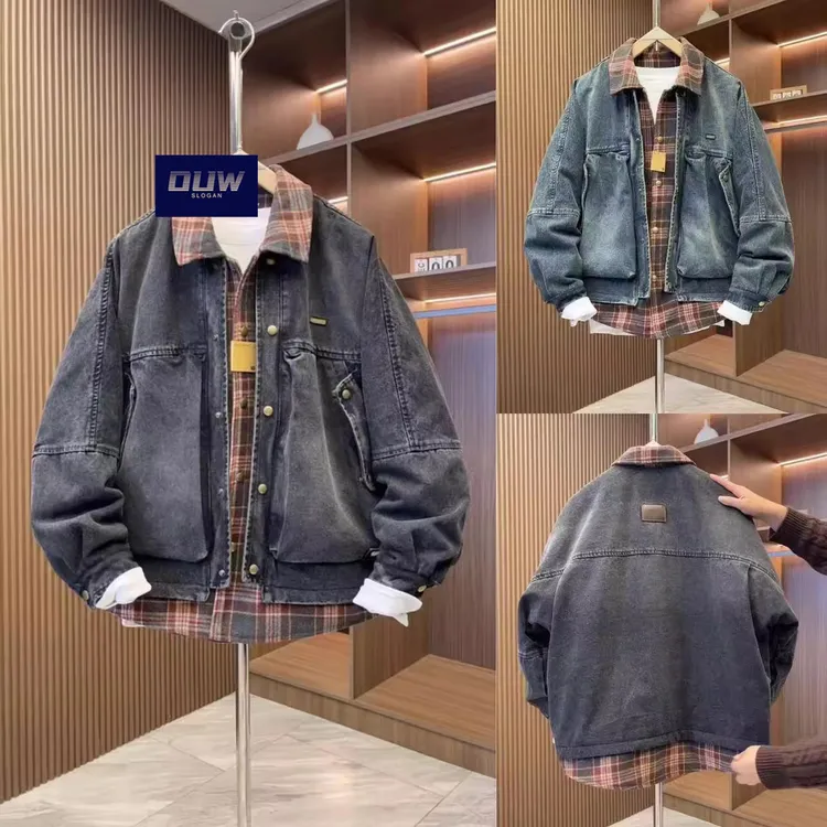 O.U.W冬季牛仔拼色翻领假两件羽绒服男装痞帅宽松白鸭绒保暖外套