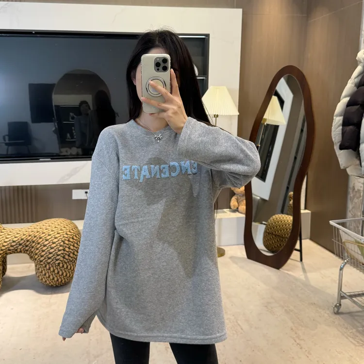 宿慕SUMU 韩系重工字母圆领加绒卫衣10-21冬季新款宽松上衣1639