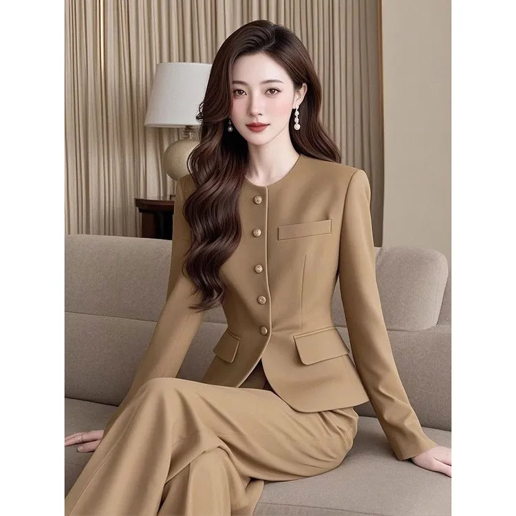 秋季高级感盐系轻熟气质高端小香风职业咖色外套两件套装裤女
