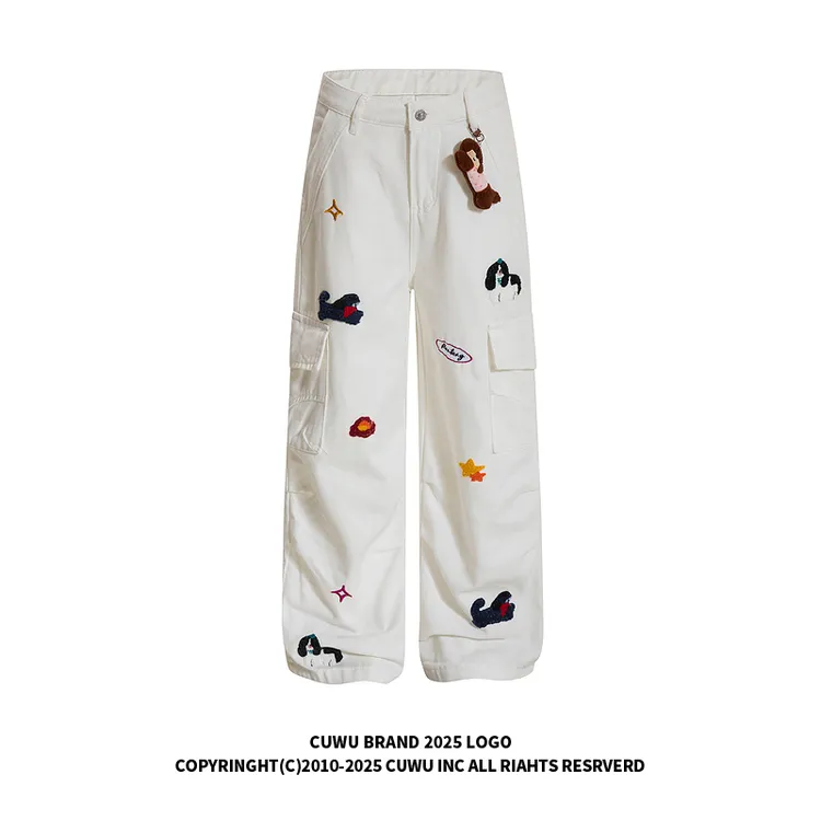 cuwu趣味小狗刺绣工装牛仔裤女男秋季宽松直筒阔腿裤显瘦白色裤子