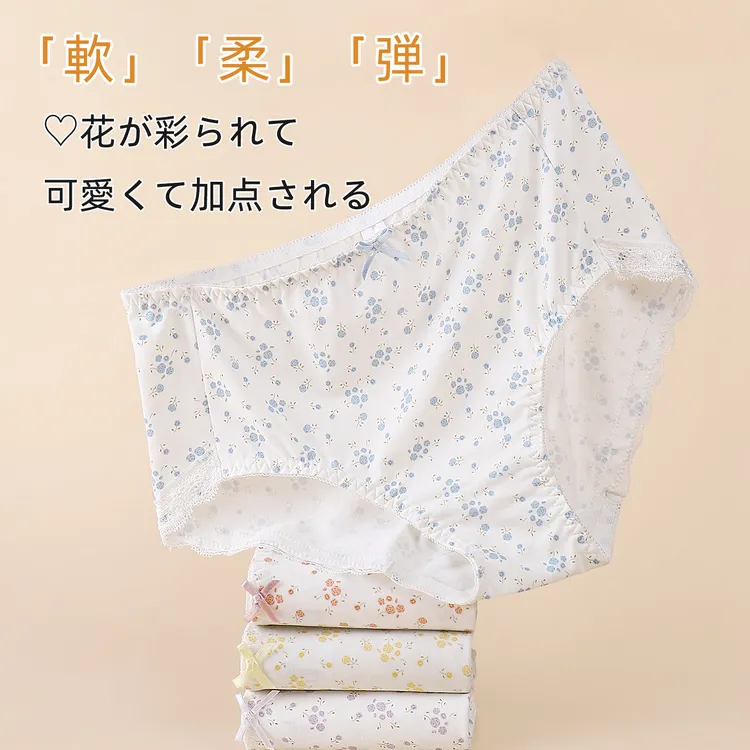 Alina Style [4条盒装]日系新款纯棉中高腰碎花内裤女透气包臀