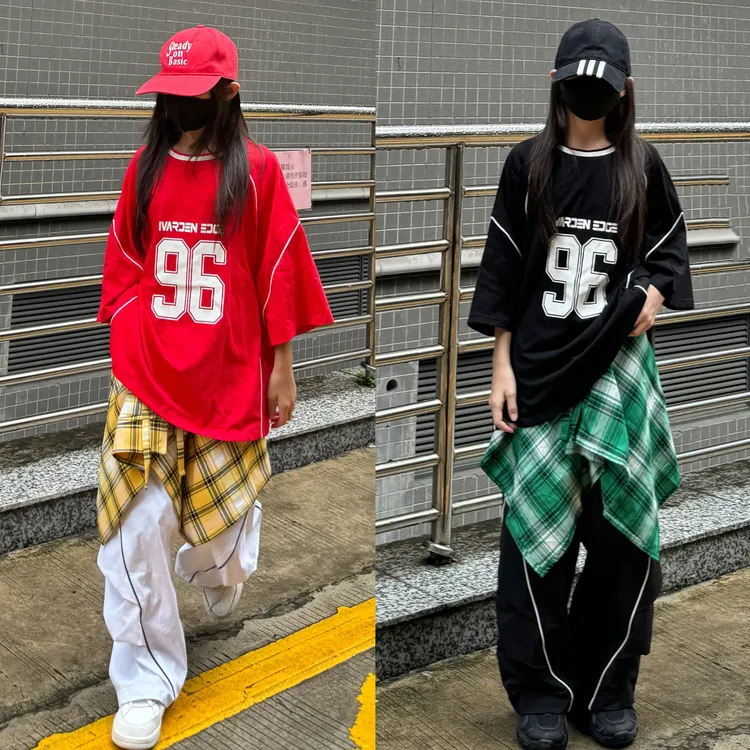 2025夏季新款童装男女童宽松T恤格子腰封运动裤潮酷儿童街舞套装