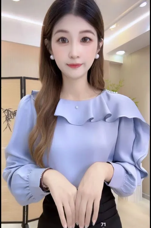 法式优雅荷叶边圆领长袖衬衫女早秋温柔别致小衫宽松显瘦气质上衣