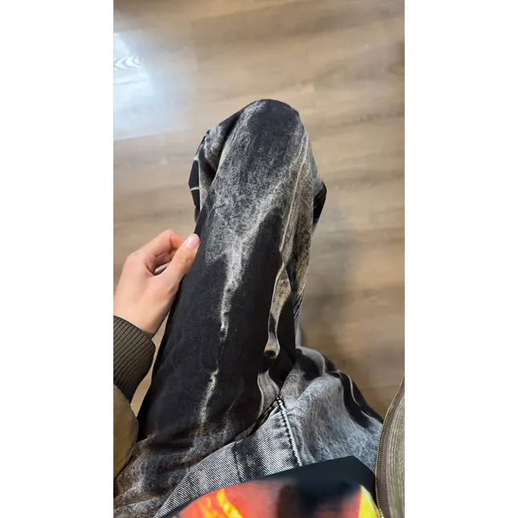 美式高街vibe裤子男款黑色扎染弯刀微喇牛仔裤高腰显瘦窄版直筒裤