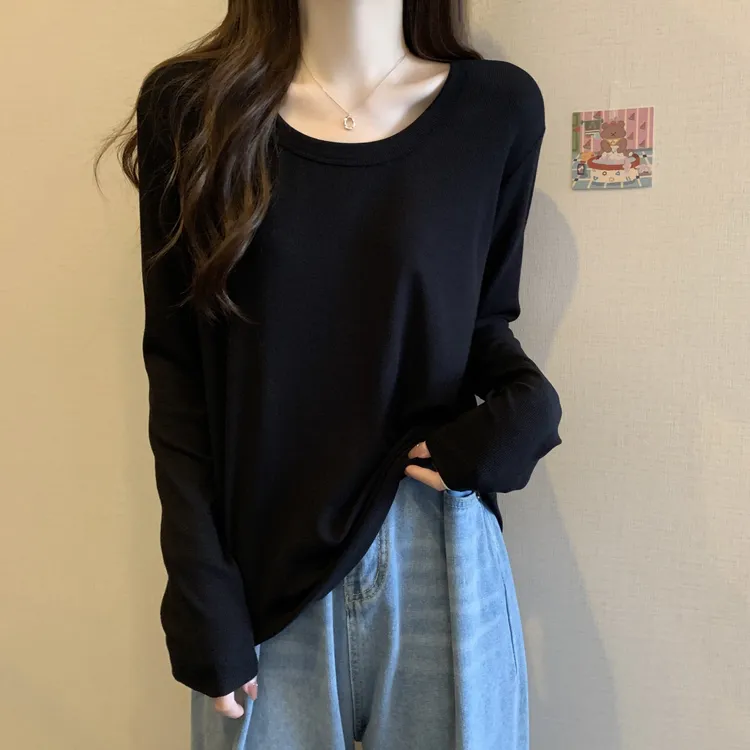 大码正肩U领长袖t恤女宽松百搭胖MM秋季纯色洋气内搭打底衫上衣女