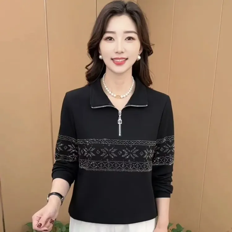 秋季新款时尚立领烫钻洋气妈妈装宽松显瘦减龄百搭长袖上衣H6608