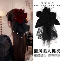 港风美人裙摆抓夹高级丝绒立体花朵发饰羽毛复古蕾丝裙摆珠珠发夹