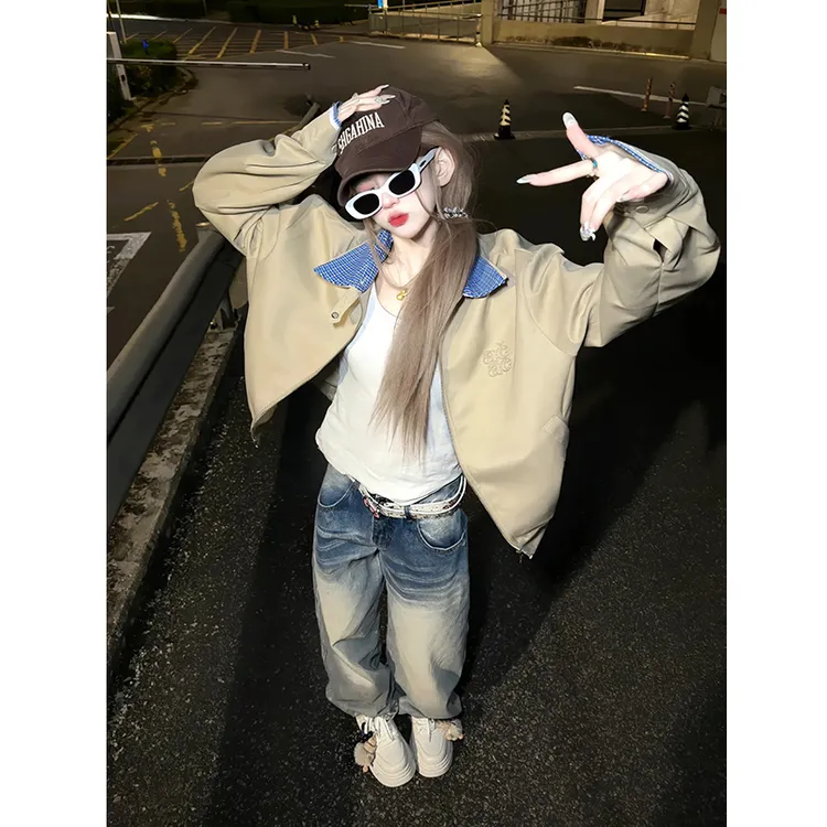 卡其色拼接格子外套男款秋季假两件复古翻领夹克设计感飞行棒球服