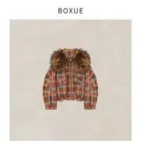 BOXUE“暖云天”2025冬季貉子毛红蓝格90鹅绒服 外套#250918YR4995