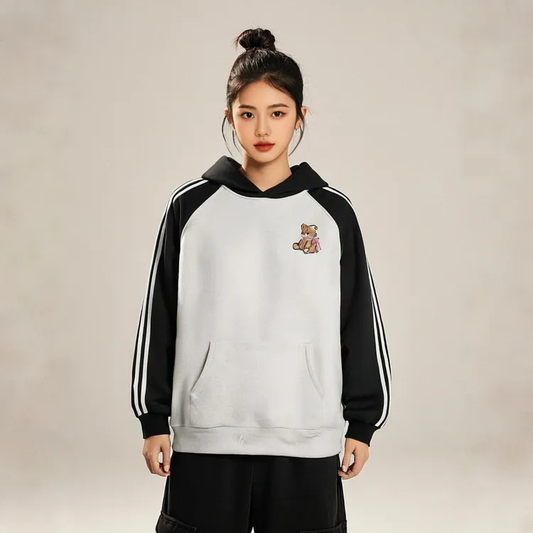 大码女装200斤胖m卡通小熊刺绣拼色冬季新款简约宽松长袖连帽卫衣